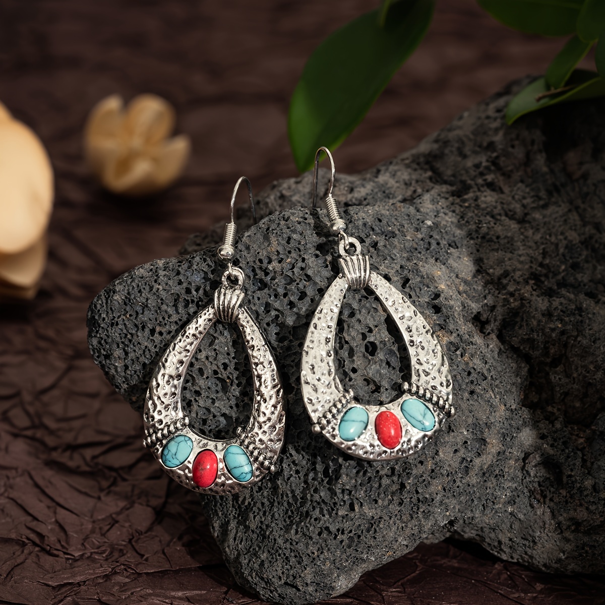 Boho Style Dangle Earrings With Turquoise Stone - Vintage Fashion Jewelry For Women