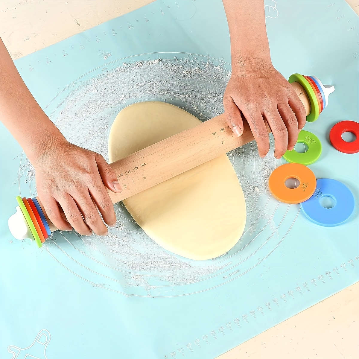 Mepple Rolling Pin with Thickness Rings and Pastry Baking Mat, 13.6  Adjustable Rolling Pin Wood Dough Roller for Baking Cookie Pizza, Comes  with