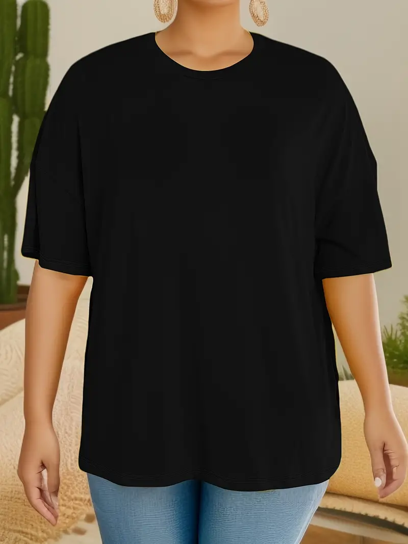Plus Size Solid Drop Shoulder Short Sleeve Oversized T shirt - Temu