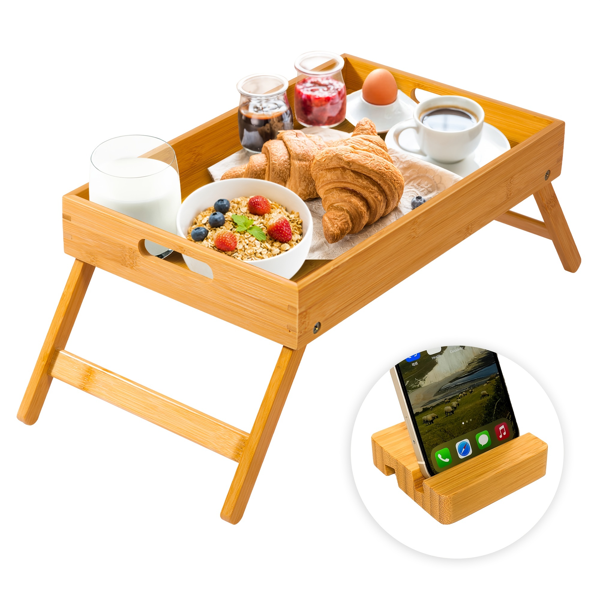 Mesa de desayuno de bambú portátil, bandeja de cama, escritorio para  computadora portátil, mesa para servir té y comida, mesa plegable para  leer, comer, muebles para el hogar - AliExpress
