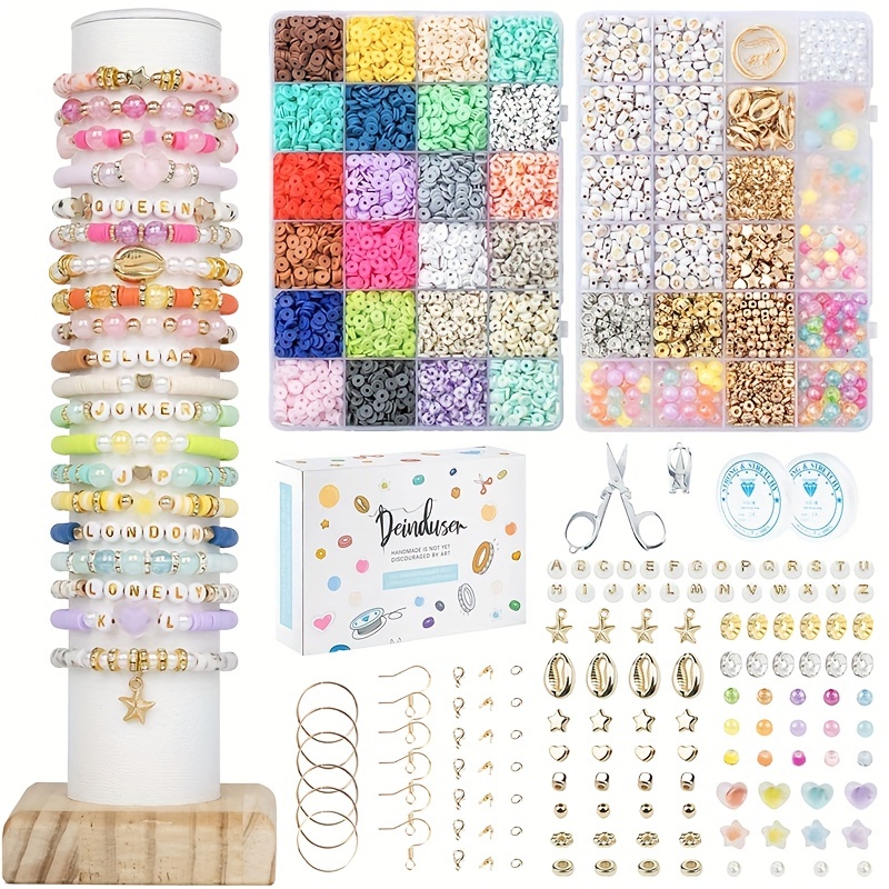 

5400pcs 2 Box Bracelet Making Kit-24 Color Polymer Clay Beads Letter Beads Gift Bag Jewelry Making Set