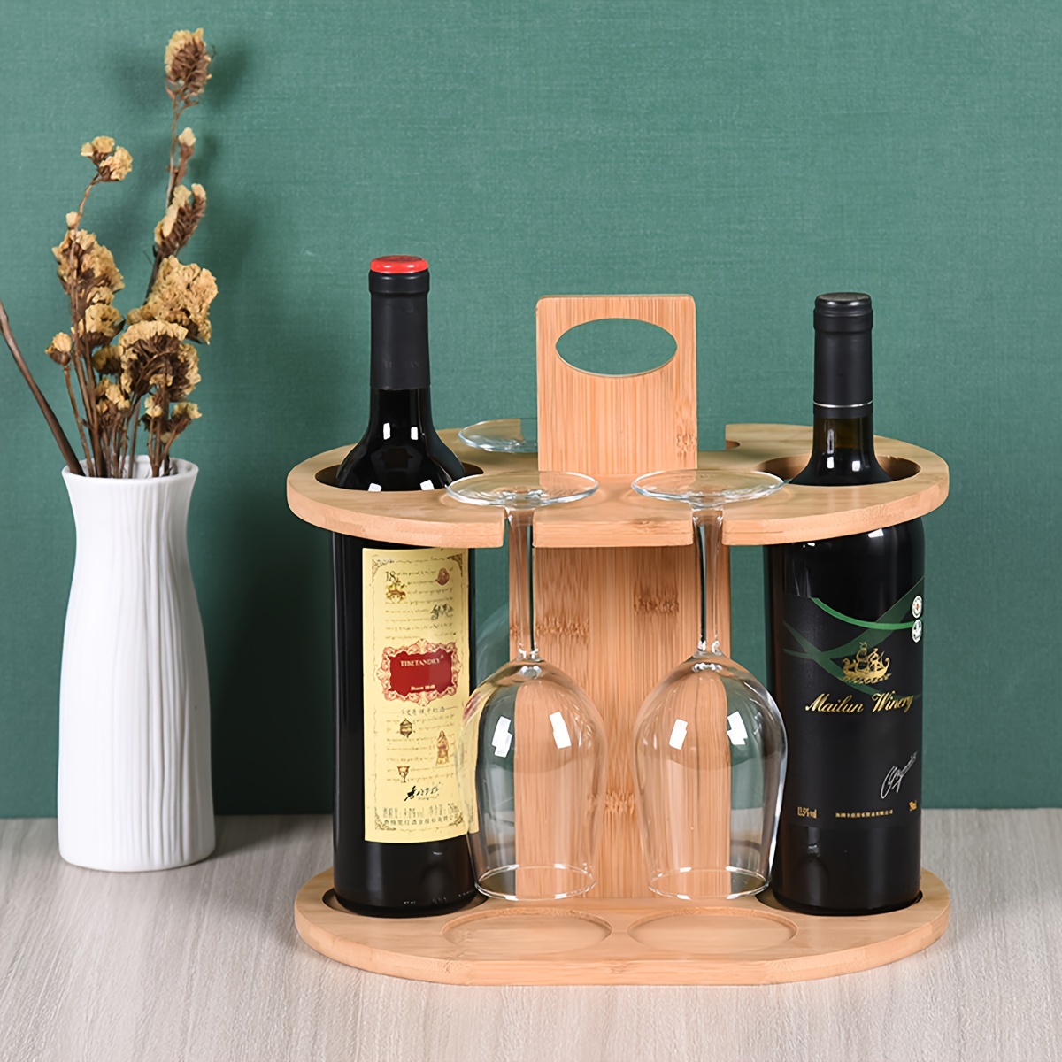 1pc Stable And Durable Bamboo Multi-layer Countertop Wine Rack, Metal Small  Wine Racks, Freestanding Bottle Wine Holder And Glasses Rack, Rustic Style