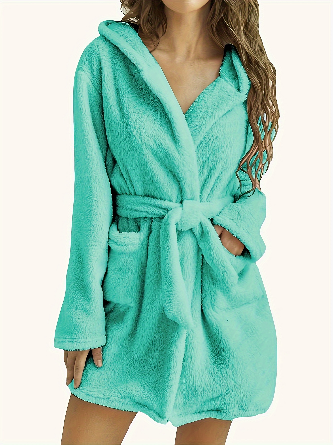 Solid Fuzzy Hooded Night Robe, Long Sleeve Robe With Belt & Pockets, Women's Sleepwear