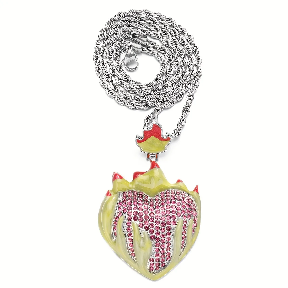 1pc Burning Heart Pendant Enamel Full Rhinestone Jewelry Necklace With  Stainless Steel Chain For Men And Women - Jewelry & Accessories - Temu