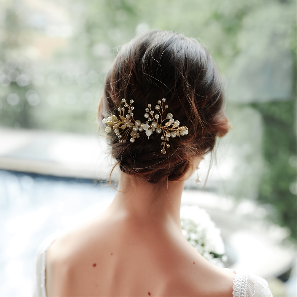2pcs Leaf & Faux Pearl Decor Wedding Hair Pin (Style : Gold_One-size)