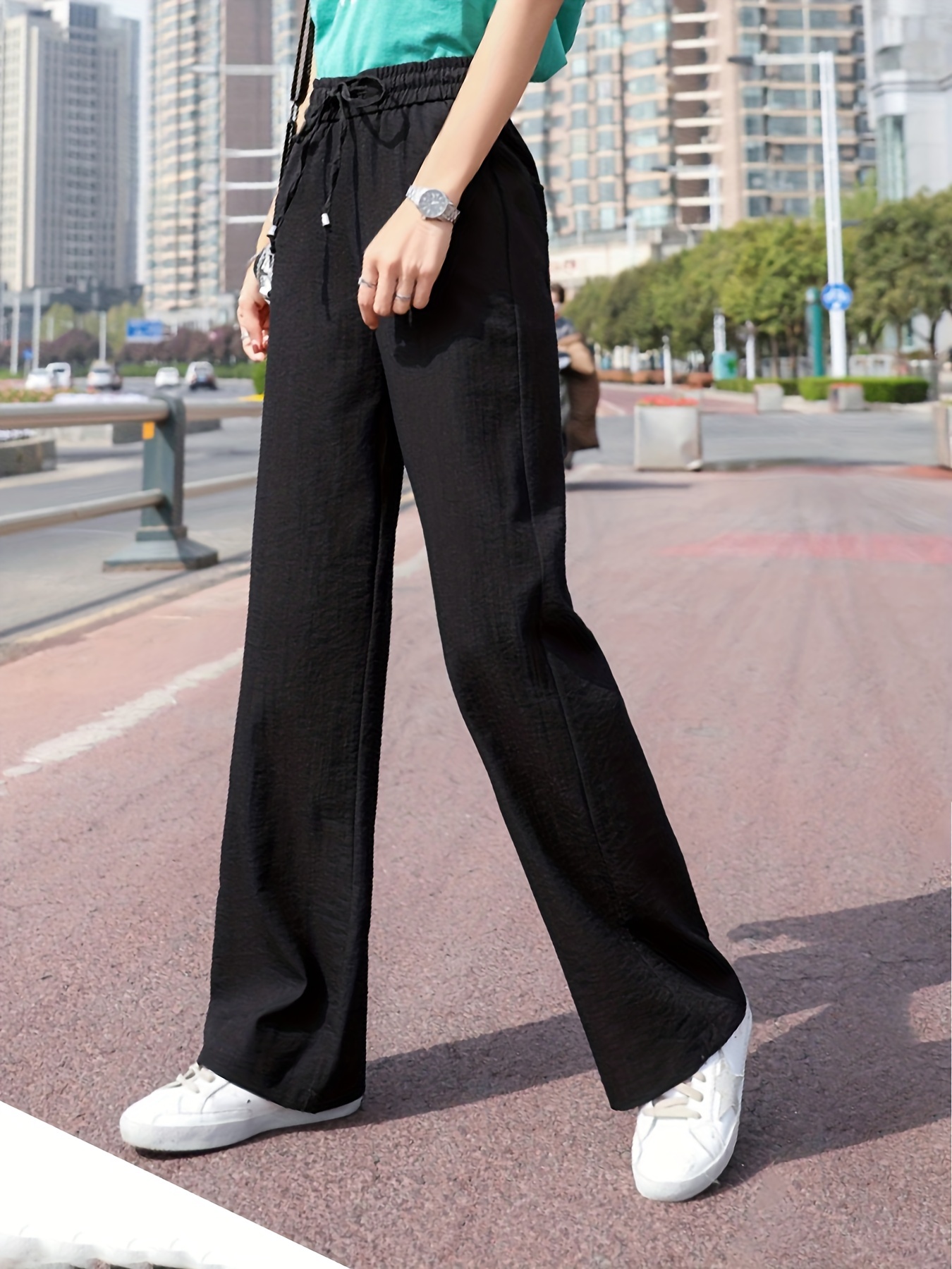 Solid Drawstring Tie Flare Leg Pants Casual Ruched Stretchy - Temu Canada