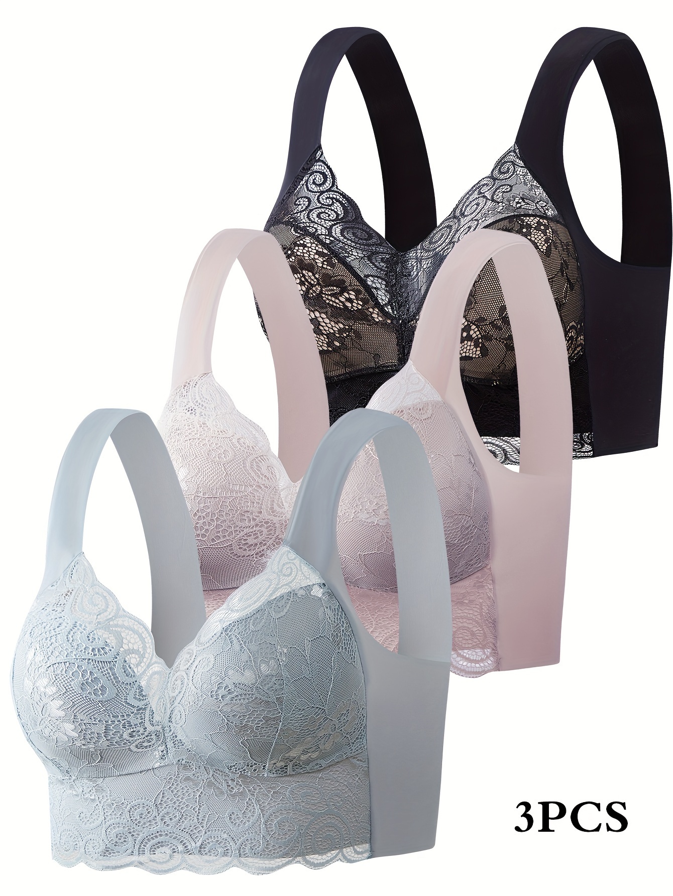 3pcs Contrast Lace Wireless Bras, Comfy & Breathable Full Coverage Bra,  Women's Lingerie & Underwear