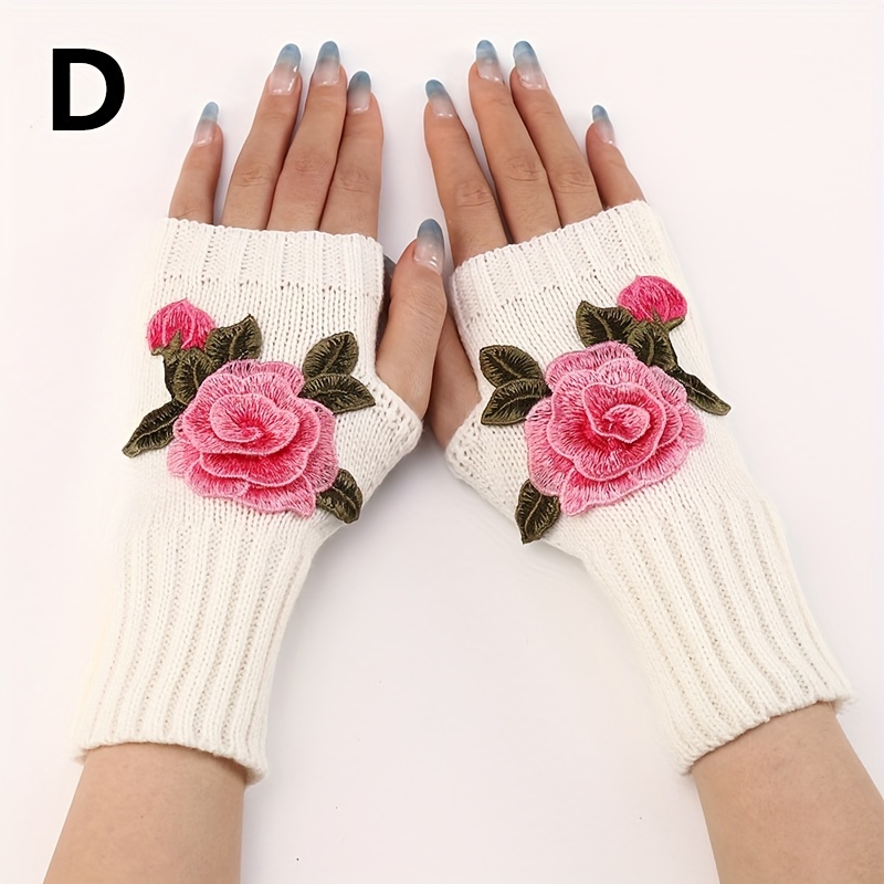 Handmade Flower Embroidered Gloves Women's Fingerless Knit Gloves Autumn  Winter Coldproof Writinggloves - Temu