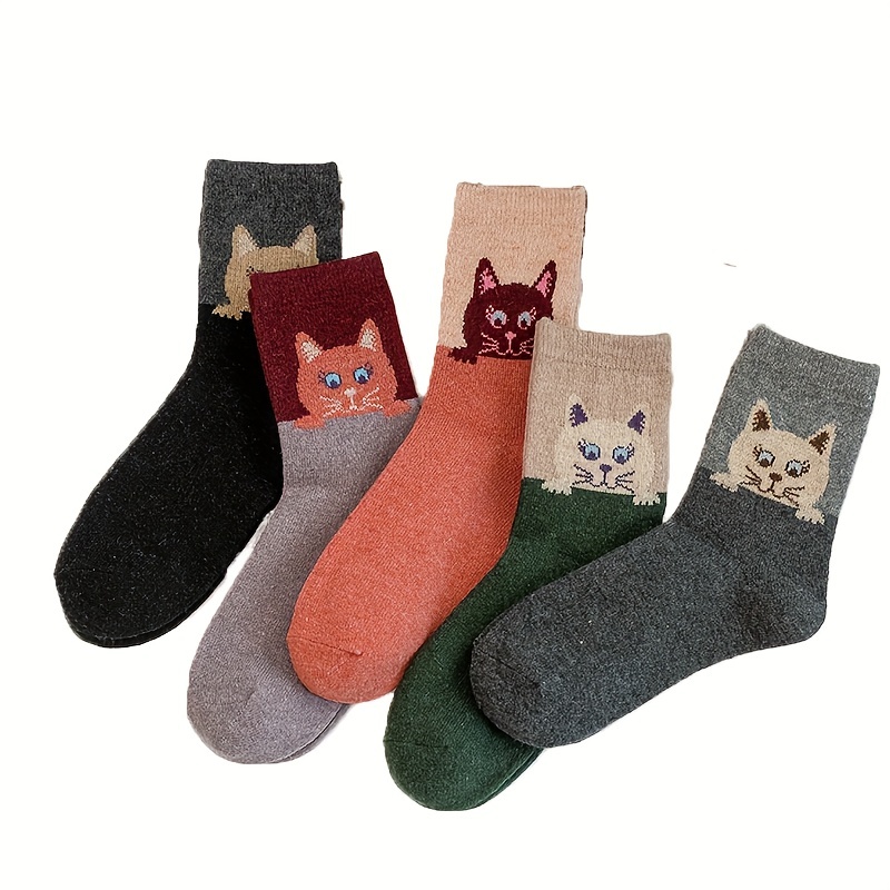 Image of 5 Pairs Autumn Winter New Style Women's Mid-calf Cat Thick Warm Rabbit Wool Socks European Hot Item