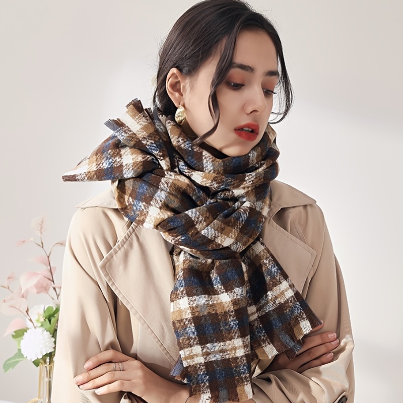 1pc Women's Thick Elegant Bohemian Plaid Jacquard Shawl Scarf Wrap With  Fringes, Imitation Cashmere, Windproof, Great For Outdoor Activities