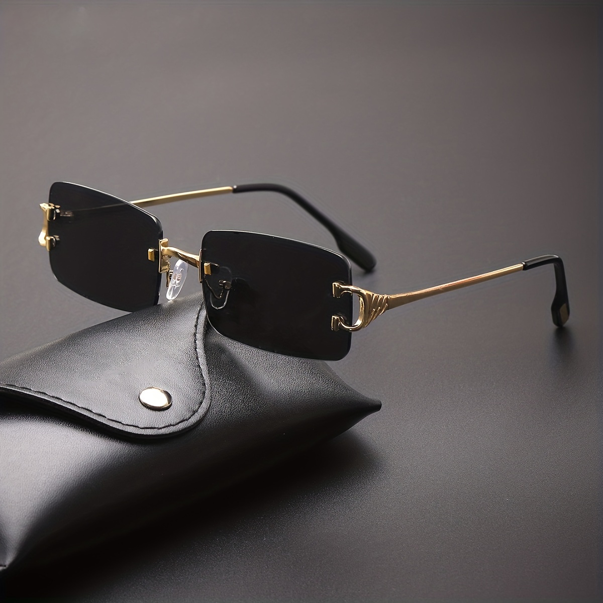 Black Modern Rimless Rectangle Sunglasses by Sorella Boutique