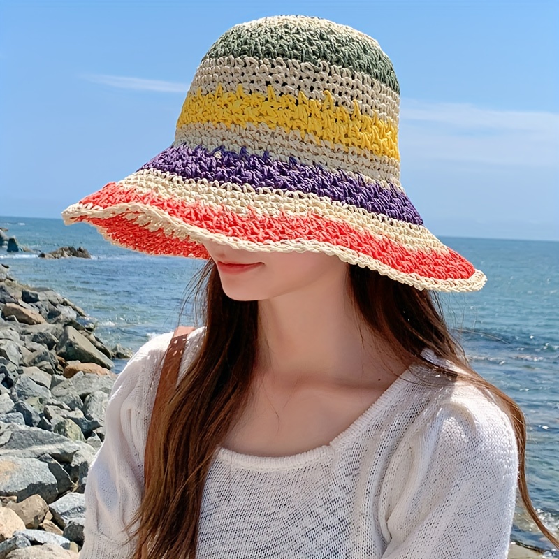 Rainbow Color Gradient Cowboy Hat, Summer Cool Hollow Travel Beach Straw  Hats Casual Sun Hat - Jewelry & Accessories - Temu