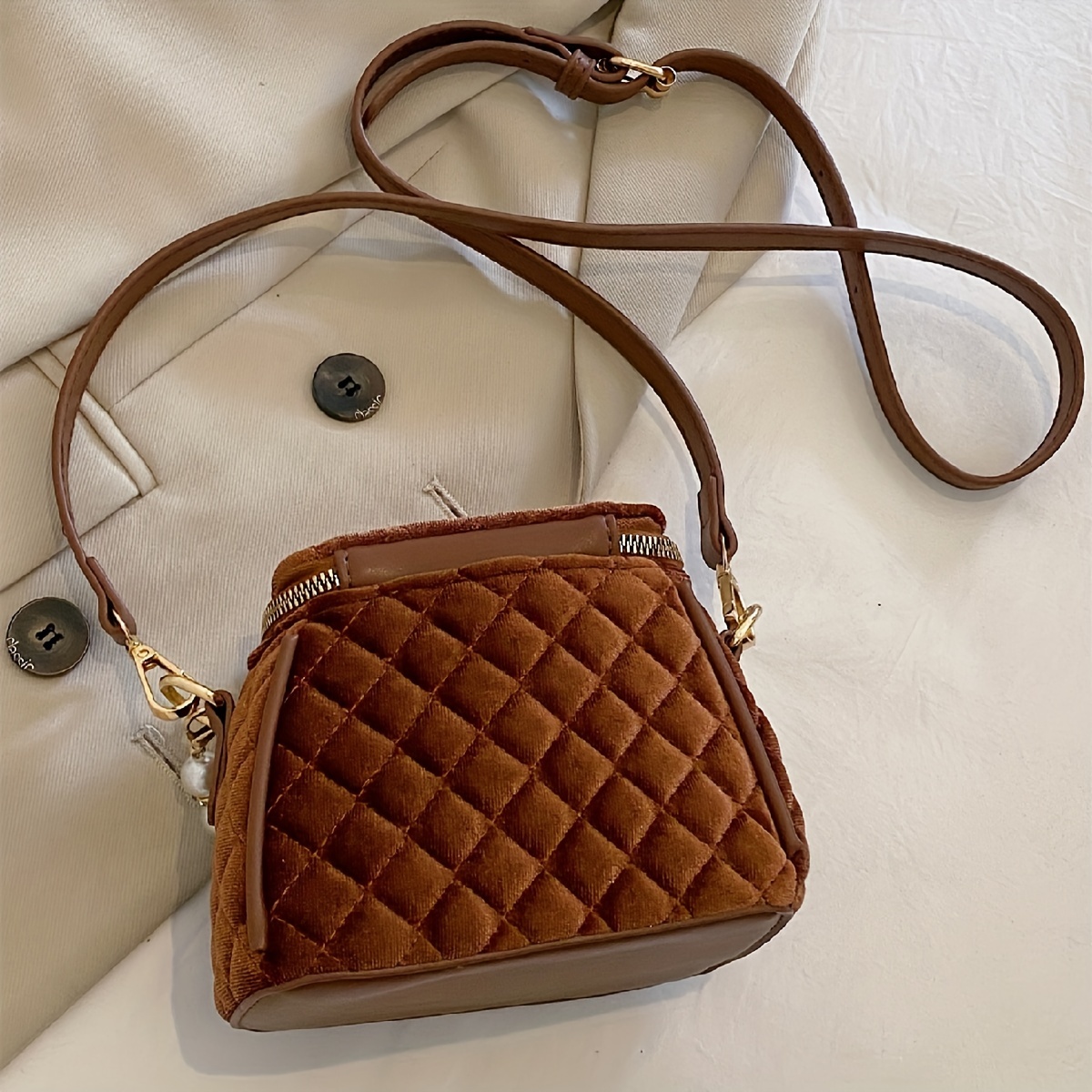 Fashion Velvet Crossbody Bag, Mini Argyle Quilted Handbag, Faux Pearl  Handle Square Purse - Temu