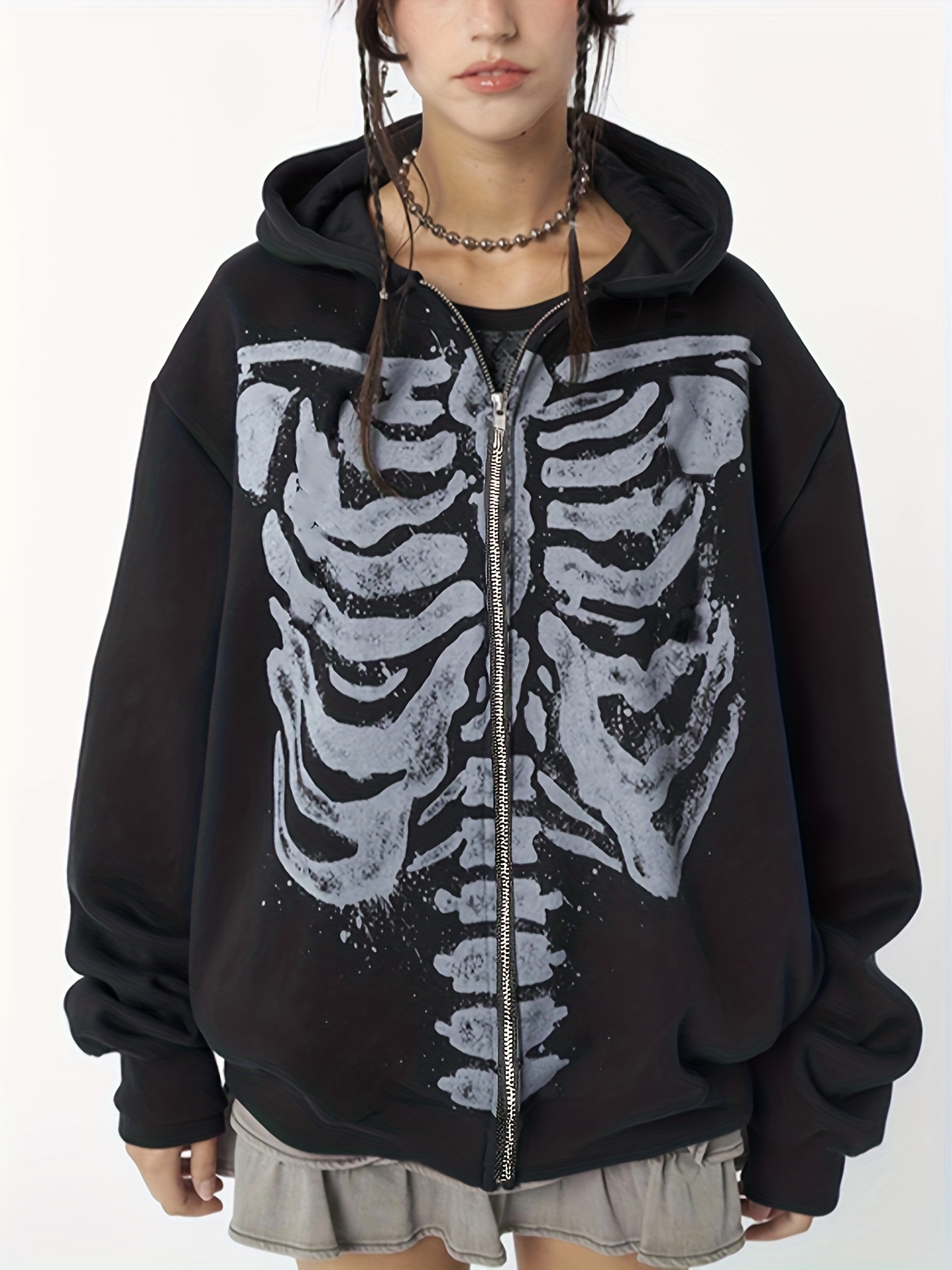 Y2k Skeleton Print Zip Hoodie Long Sleeve Oversized - Temu