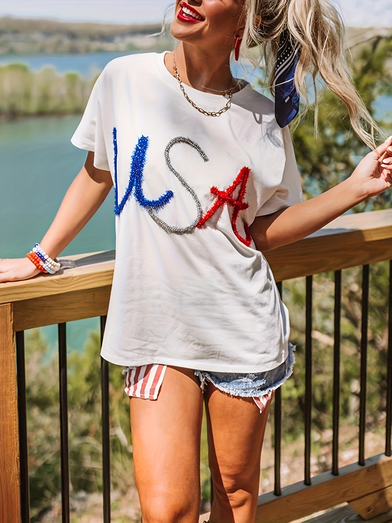 Letter USAパターンクルーネックTシャツ 春夏用のカジュアルな半袖T 