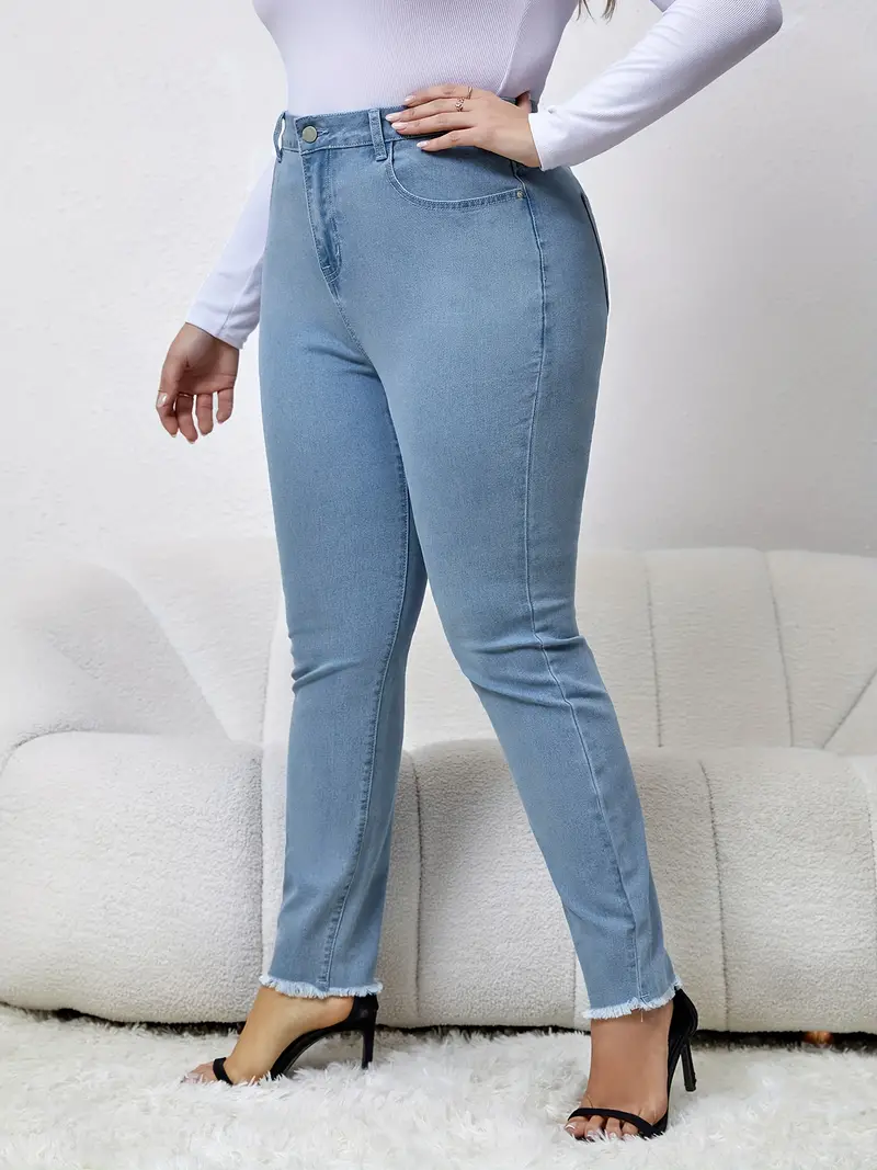 plus size basic jeans womens plus solid raw trim button fly high rise high stretch skinny jeans details 1