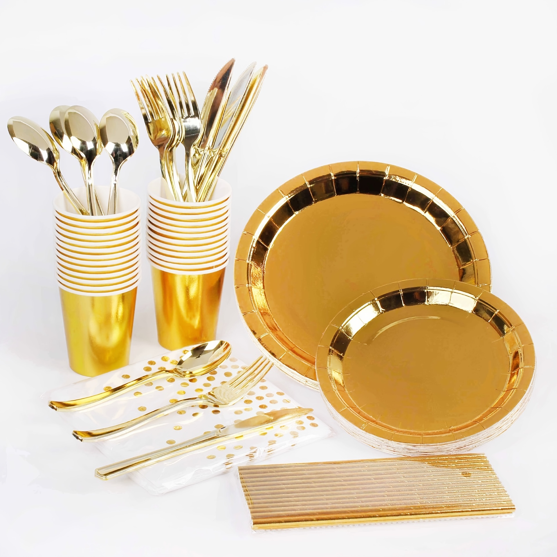 

16pcs, Solid Golden Birthday Party Supplies, Gold Paper Plates Napkins Cups Silverware Serves 10 Sets For Wedding, Bridal Shower, Engagement,birthday Parties, Disposable Paper Plate Easter Gift
