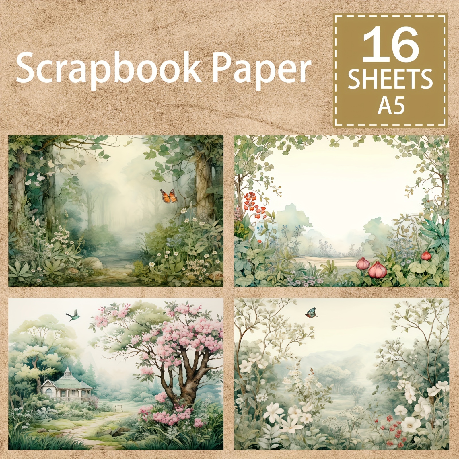 

16 Sheets Of A5 Size Spring Forest Background Trees, Flowers, Butterflies Decoration Diy Retro Diary, Junk Diary, Greeting Card Planner, Scrapbook Background Mat