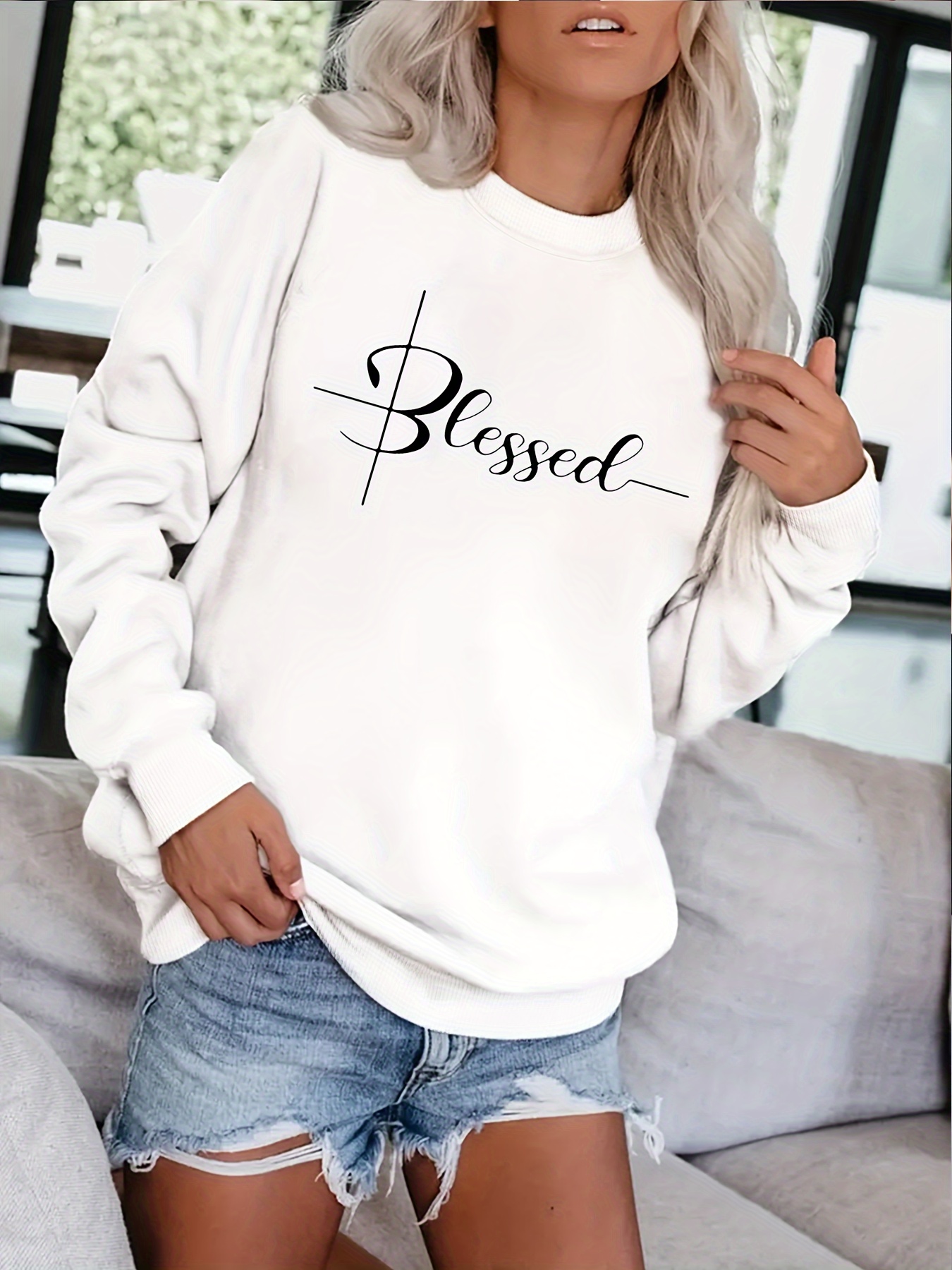 Blessed Letter Print Sweatshirt Casual Crew Neck Long Sleeve Temu