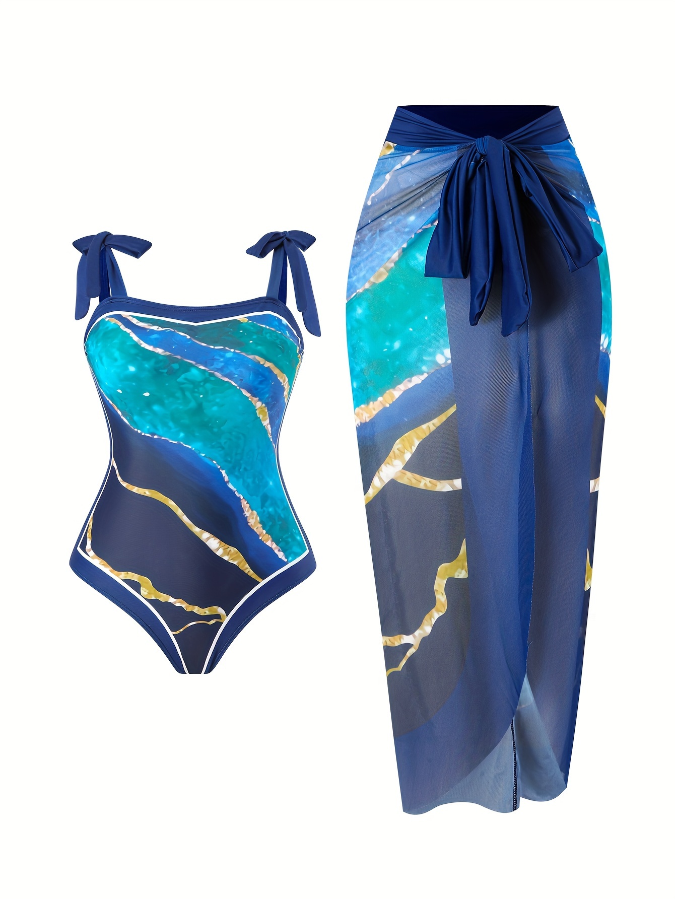 Blue Marble Print Contrast Trim Swimsuits Tie Shoulder - Temu