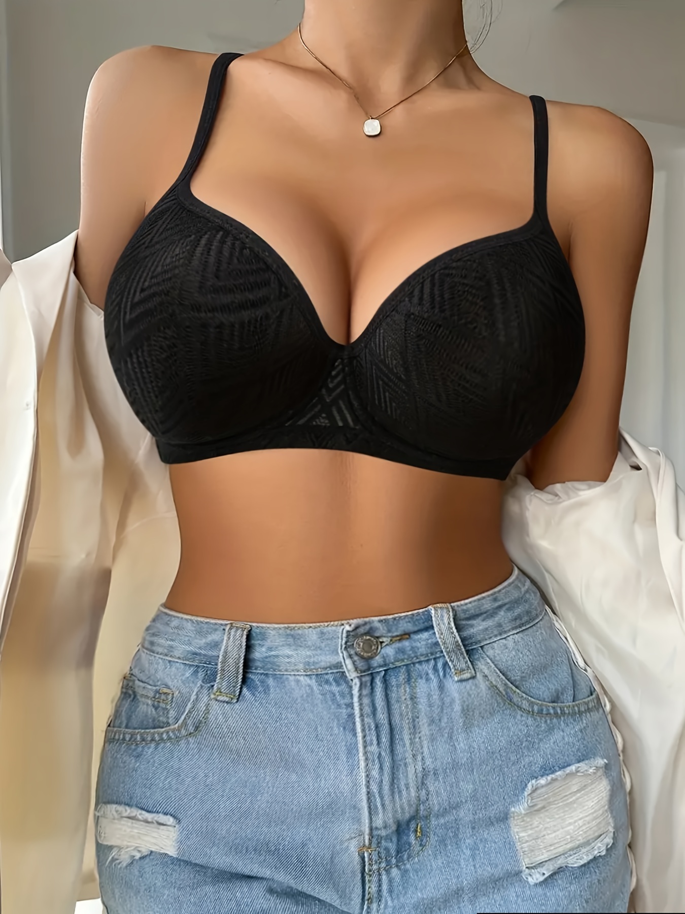 Contrast Lace Push Bra Comfy Breathable Everyday Bra Women's