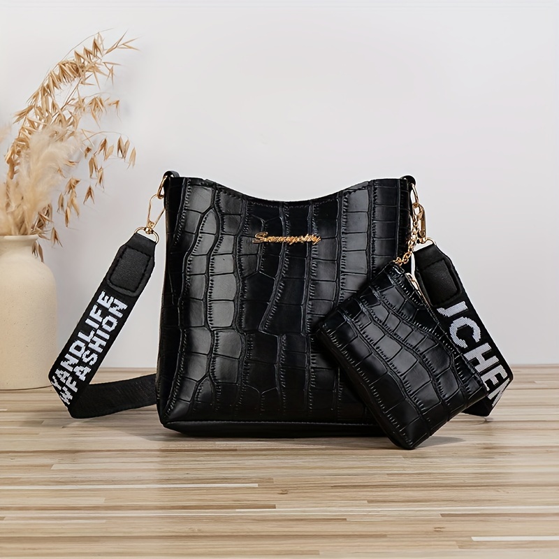 TEMU Made In Guangzhou, 2pcs Set Of Mini Crossbody Bags, European And , Fashionable Crocodile Pattern Small Bucket Bag + Small Wallet, Small Girl's Shoulder Bag