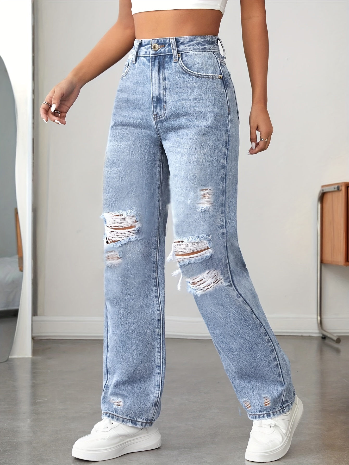 Light Blue Ripped Straight Jeans Distressed High Waist Loose - Temu Canada