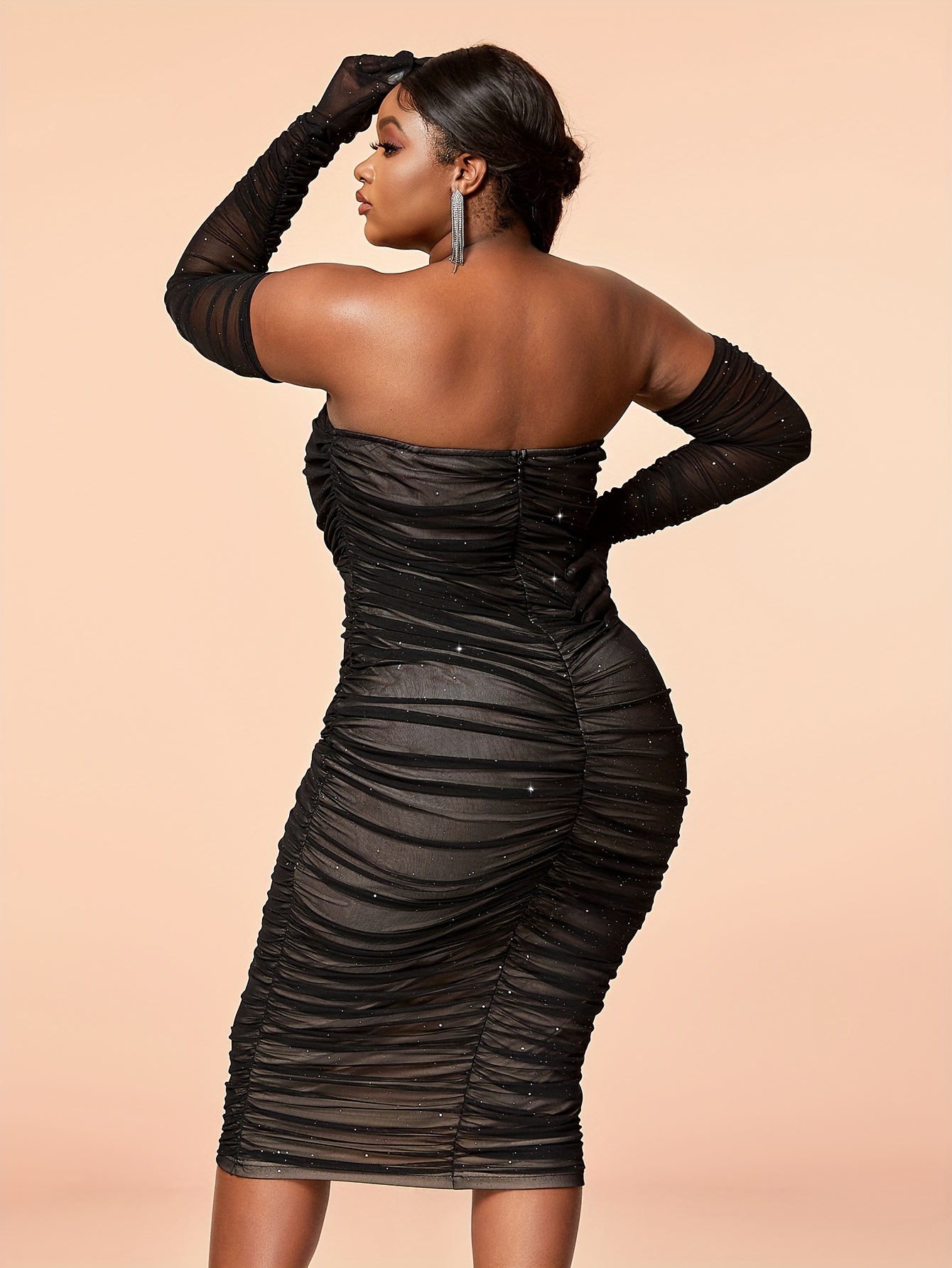 Plus Size Sexy Dress Women's Plus Solid Mesh Fishbone Shinny - Temu