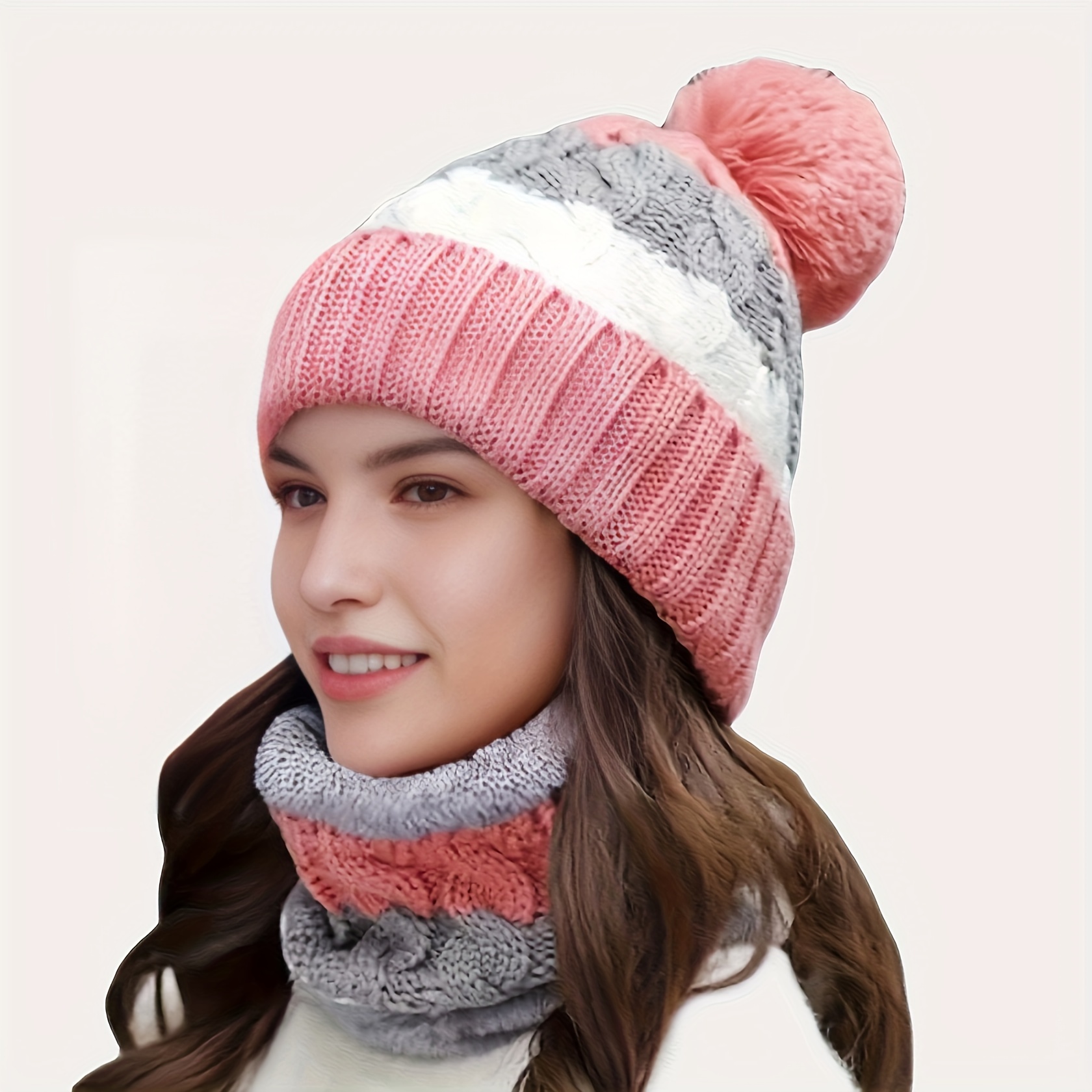 Women's Winter Warm Thickened Knitted Hat Scarf Set, Comfortable Windproof Cycling Ear Protection Fur Ball Hat