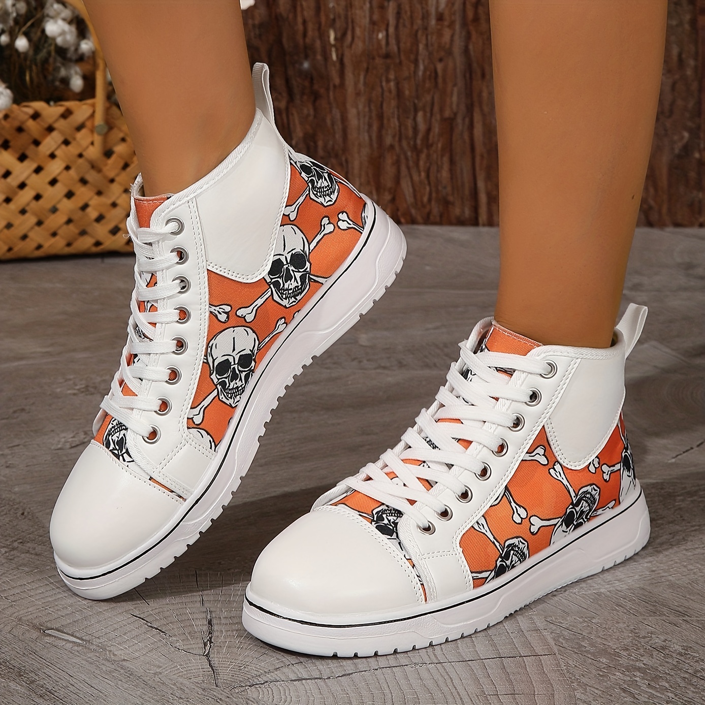 womens skull pattern sneakers round toe flat high top skate shoes casual halloween walking trainers details 9