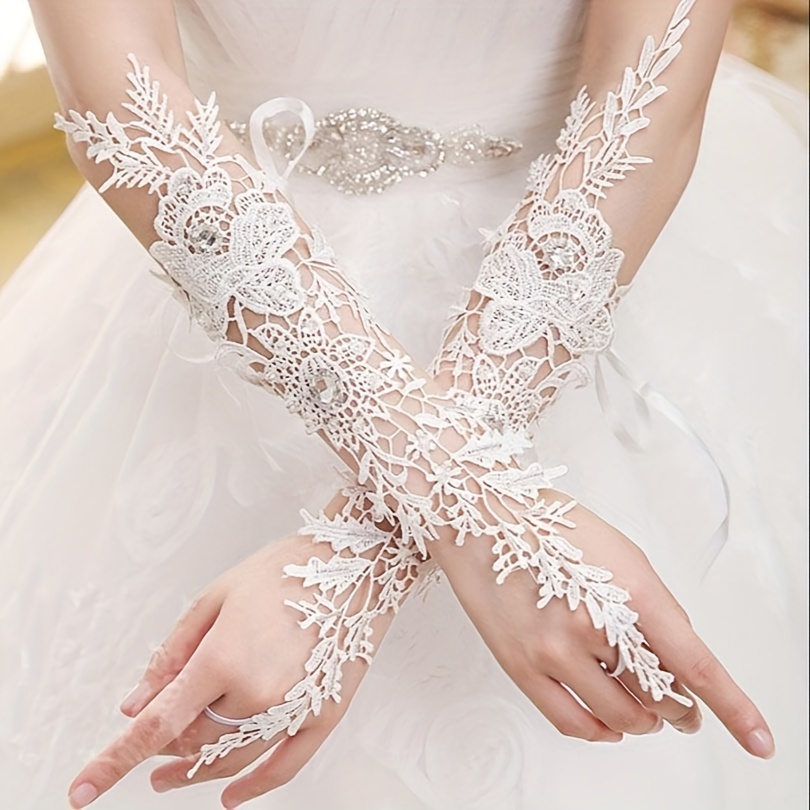 Elegant Embroidered Lace Hook Gloves White Lace-up Wrist Cover Bridal  Wedding Dress Up Fingerless Gloves