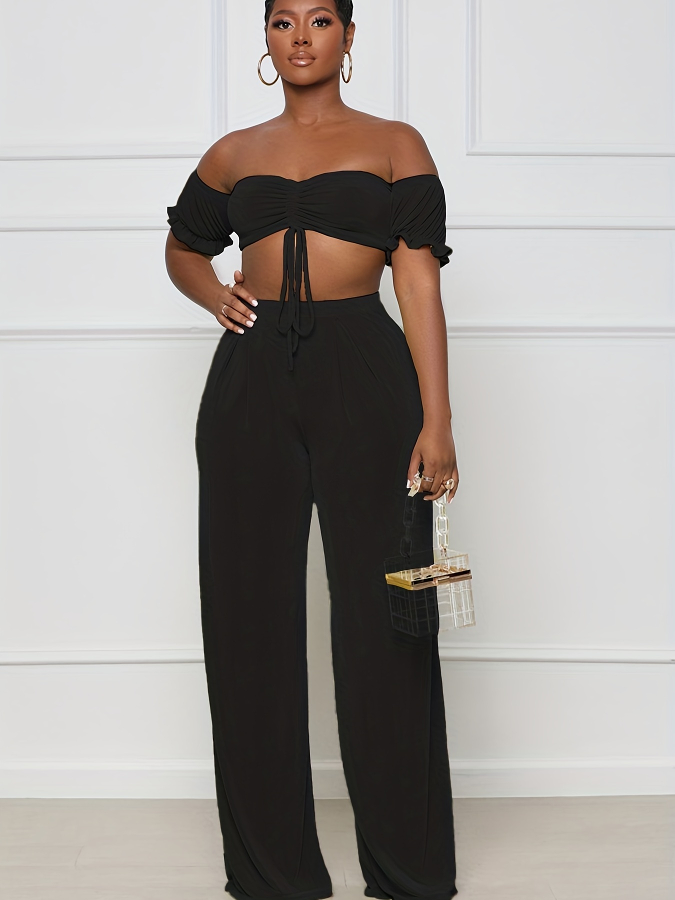 Pantalon large uni taille élastique froncée femme - Noir