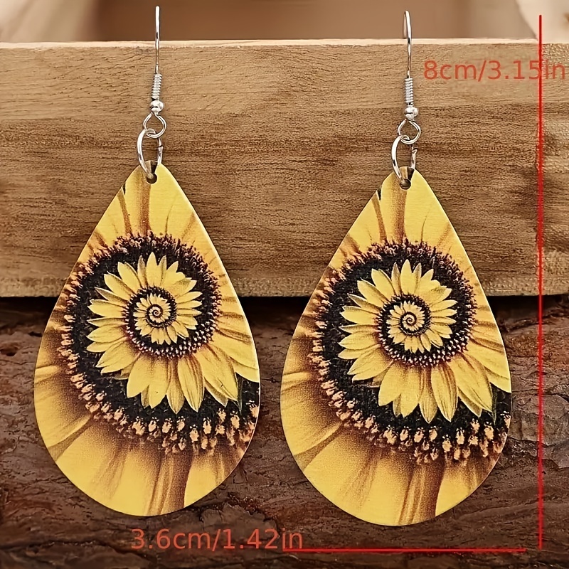 Wooden Sunflower Print Water Drop Dangle Earrings
