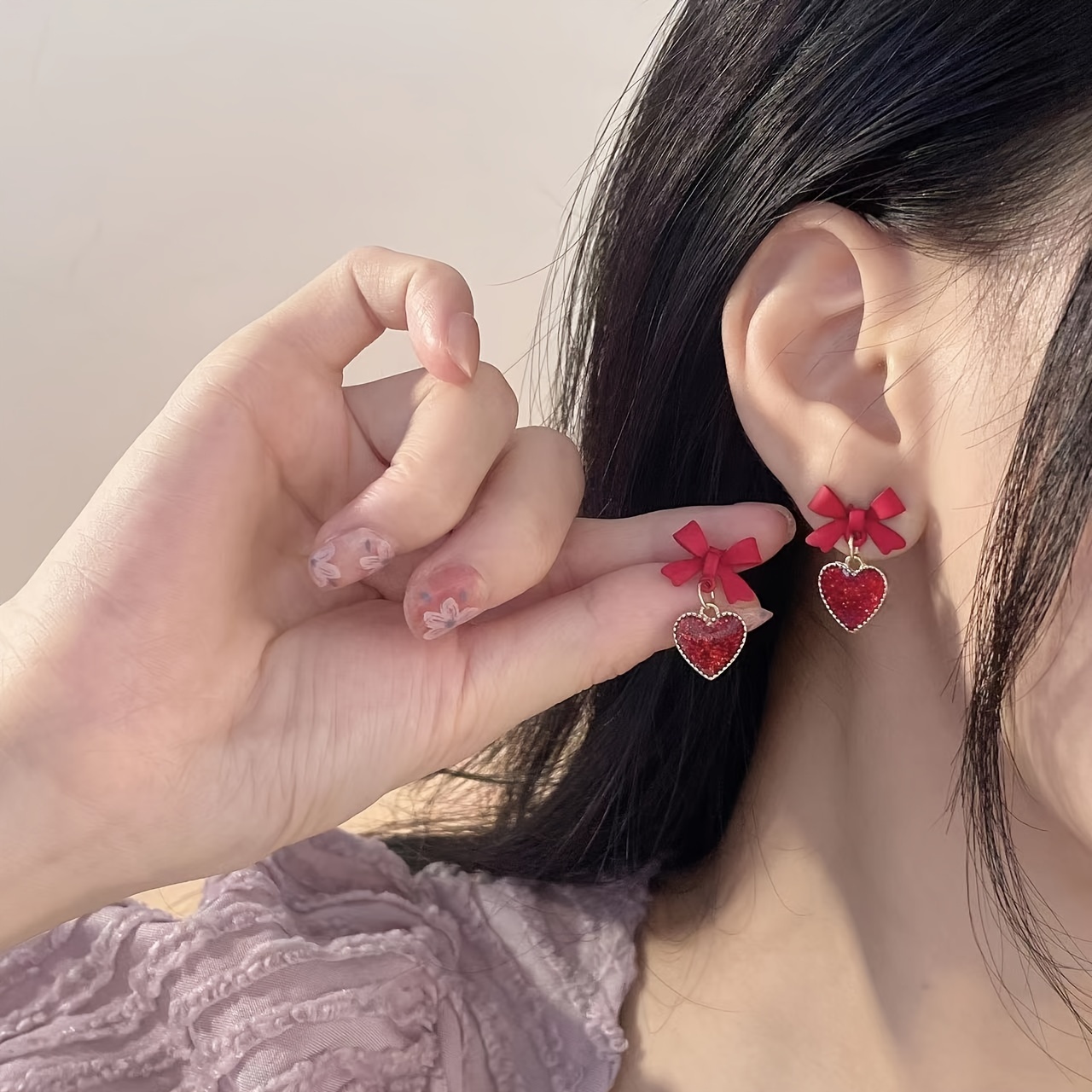 

Elegant Red Heart & Bow Tassel Drop Earrings - Vintage-inspired Design With Sequin Accents, Alloy For Parties & Gifts, Wear