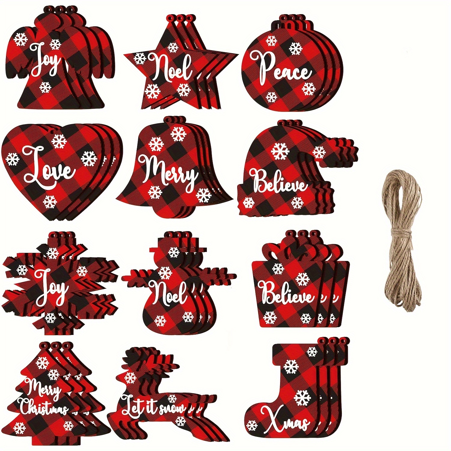 36pcs, Christmas Buffalo Plaid Ornaments With Rope Christmas Tree Wooden  Hanging Decor Black And Red Wooden Christmas Ornaments Reindeer Snowman  Plaid