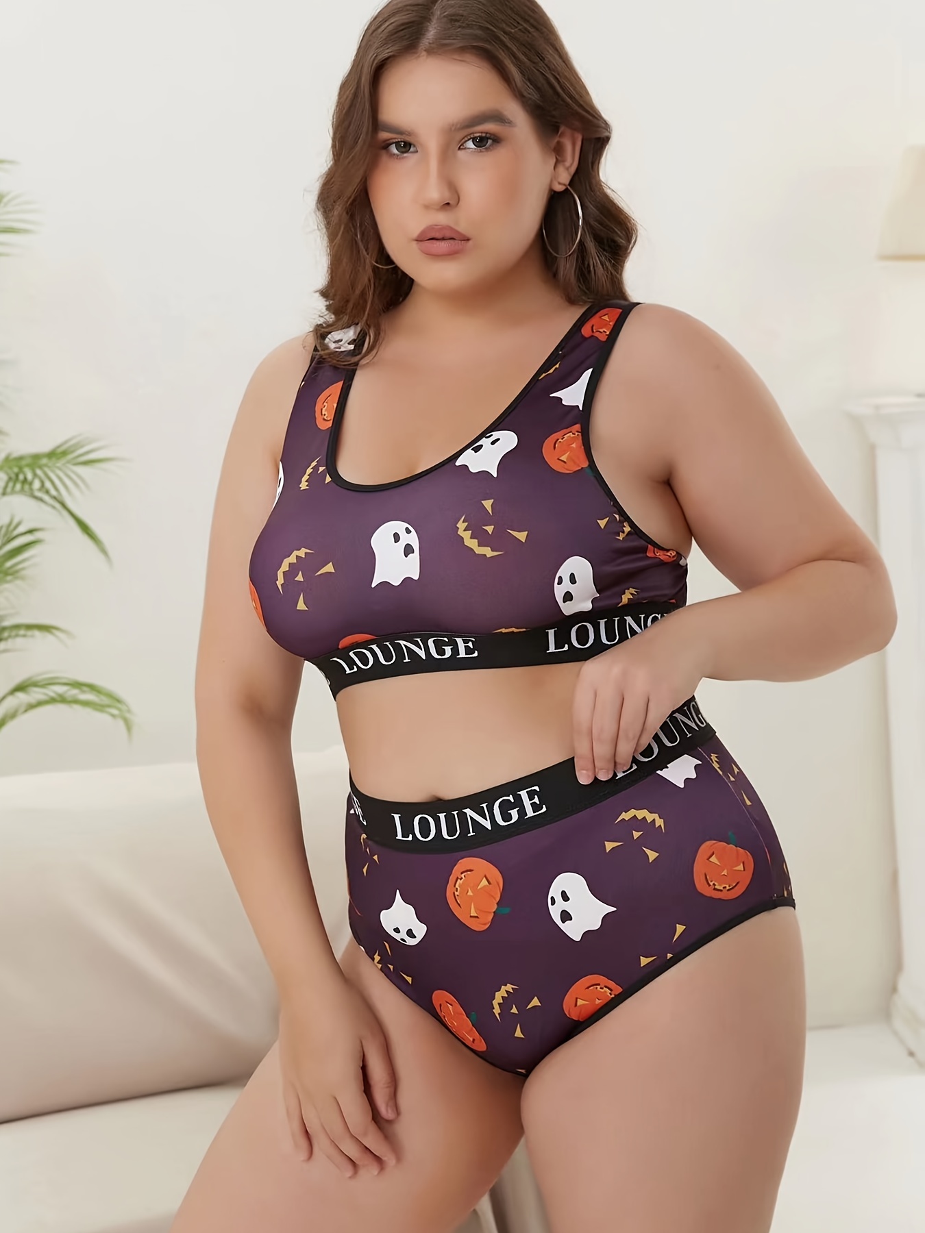 Halloween Underwear Set Women's Plus Ghost & Pumpkin Print