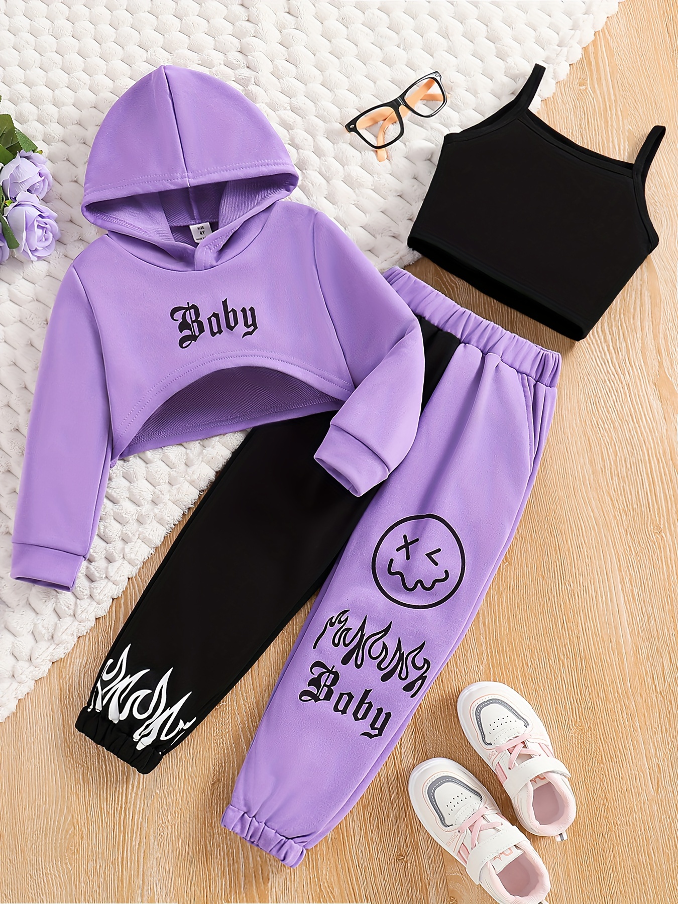 Trendy Outfits 3pcs Girls, Hooded Pullover + Tank Top + Splicing Jogger  Pants Kids Clothes Spring Fall