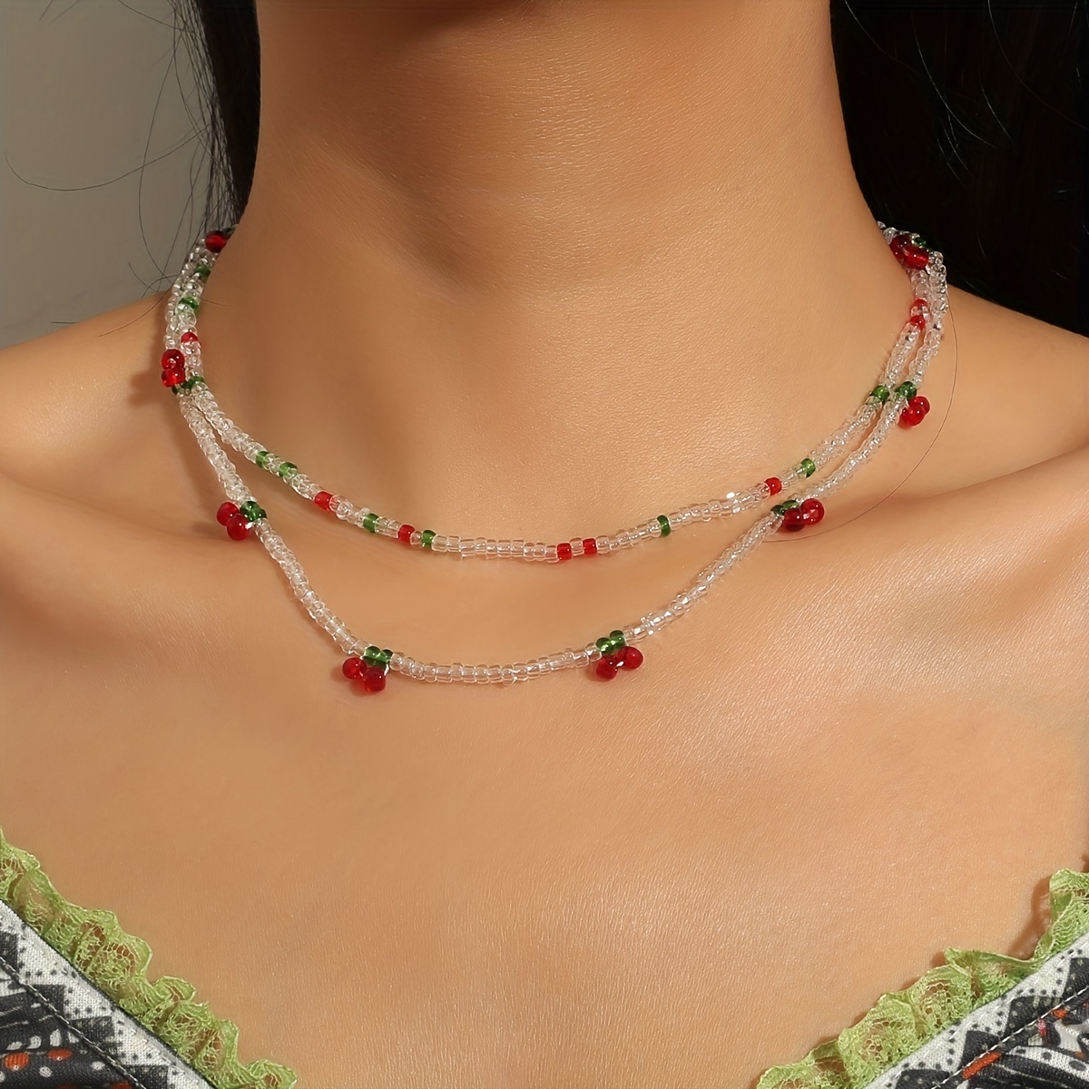 

2pcs Y2k Style Cherry Beaded Rice Bead Necklace Set Women's Bohemian Handmade Necklace