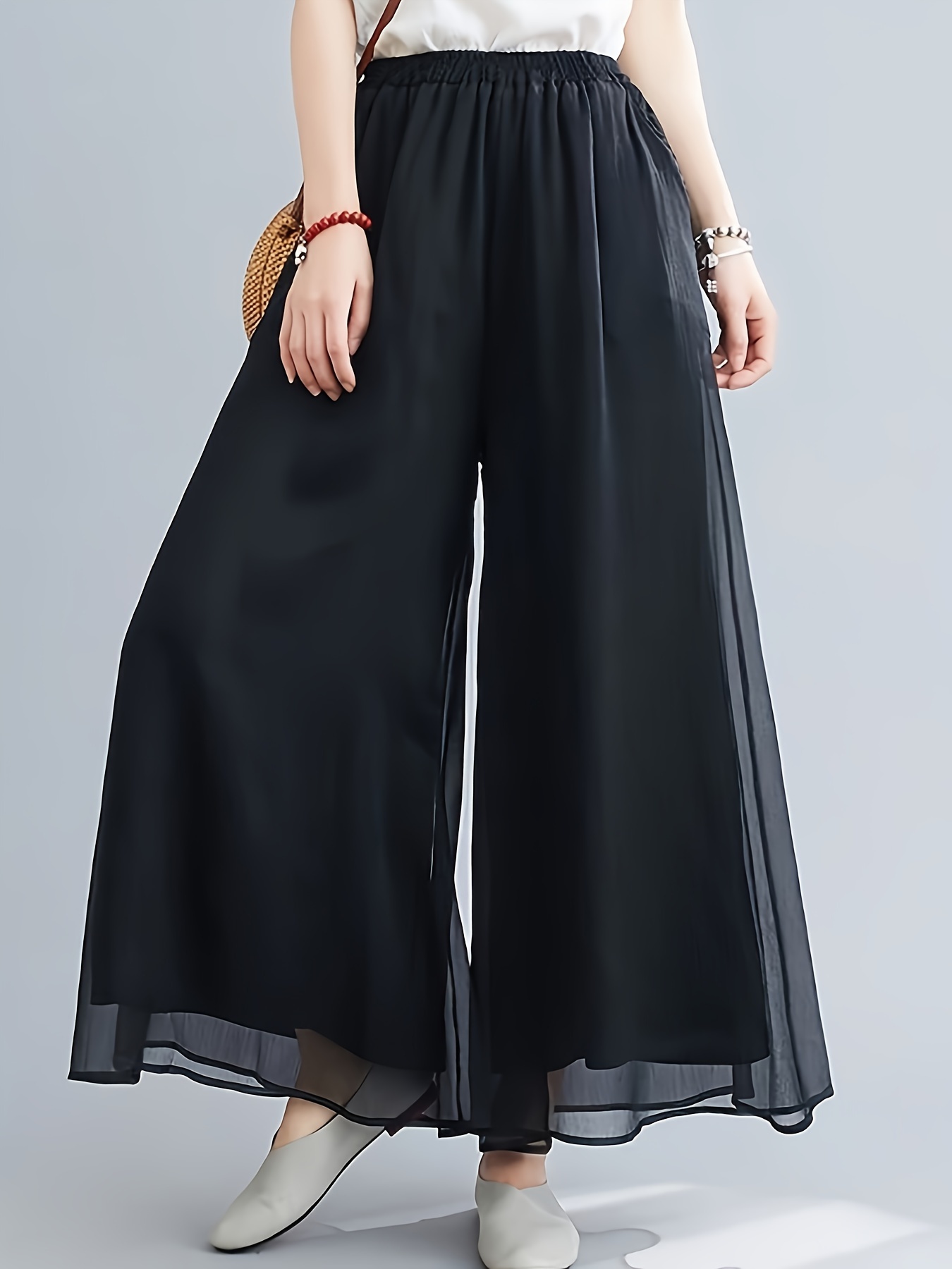 Plus Size Basic Pants Women's Plus Solid Elastic Waist Wide - Temu