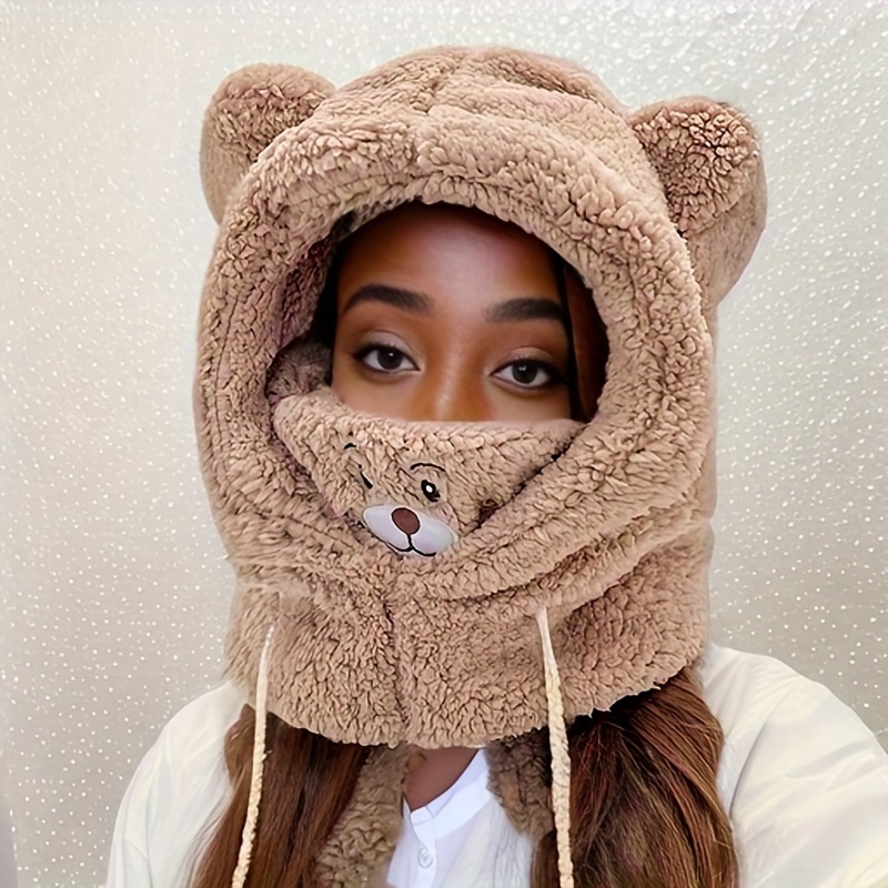 1pc Cute Bear Hat Beanie for Autumn and Winter, Thick Warm Keeping Plush Hat with Mask,Temu