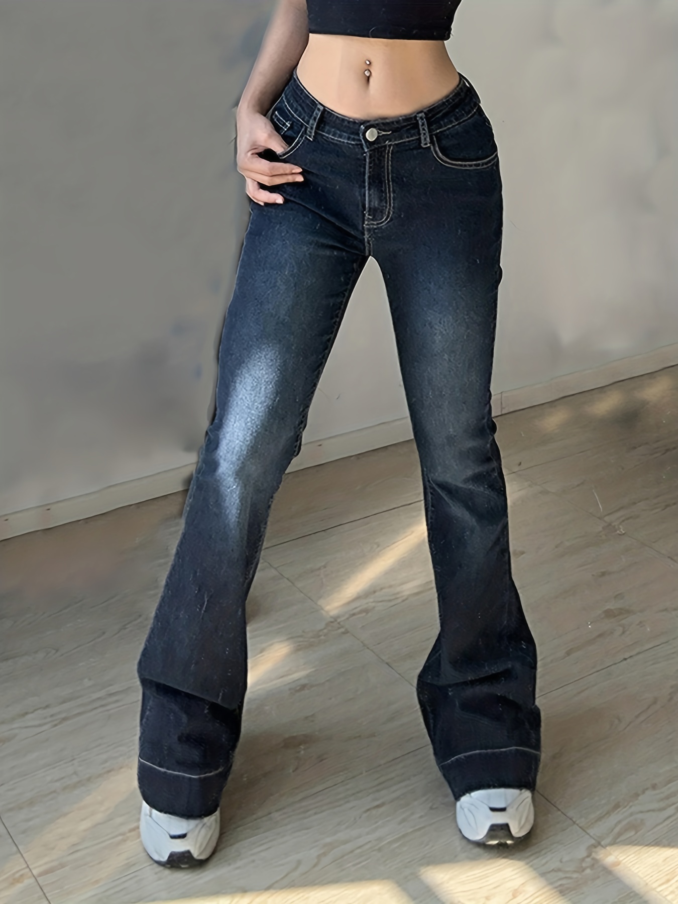 Low Rise Wide Leg Stacked Jeans, Dark Blue Slim Fit Loose Baggy