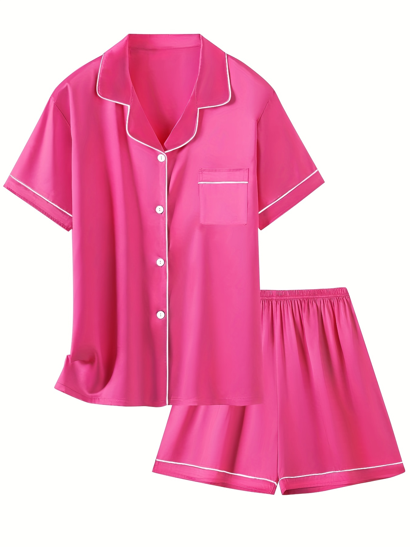 Neon Hot Pink Contrast Binding Satin Pajama Set
