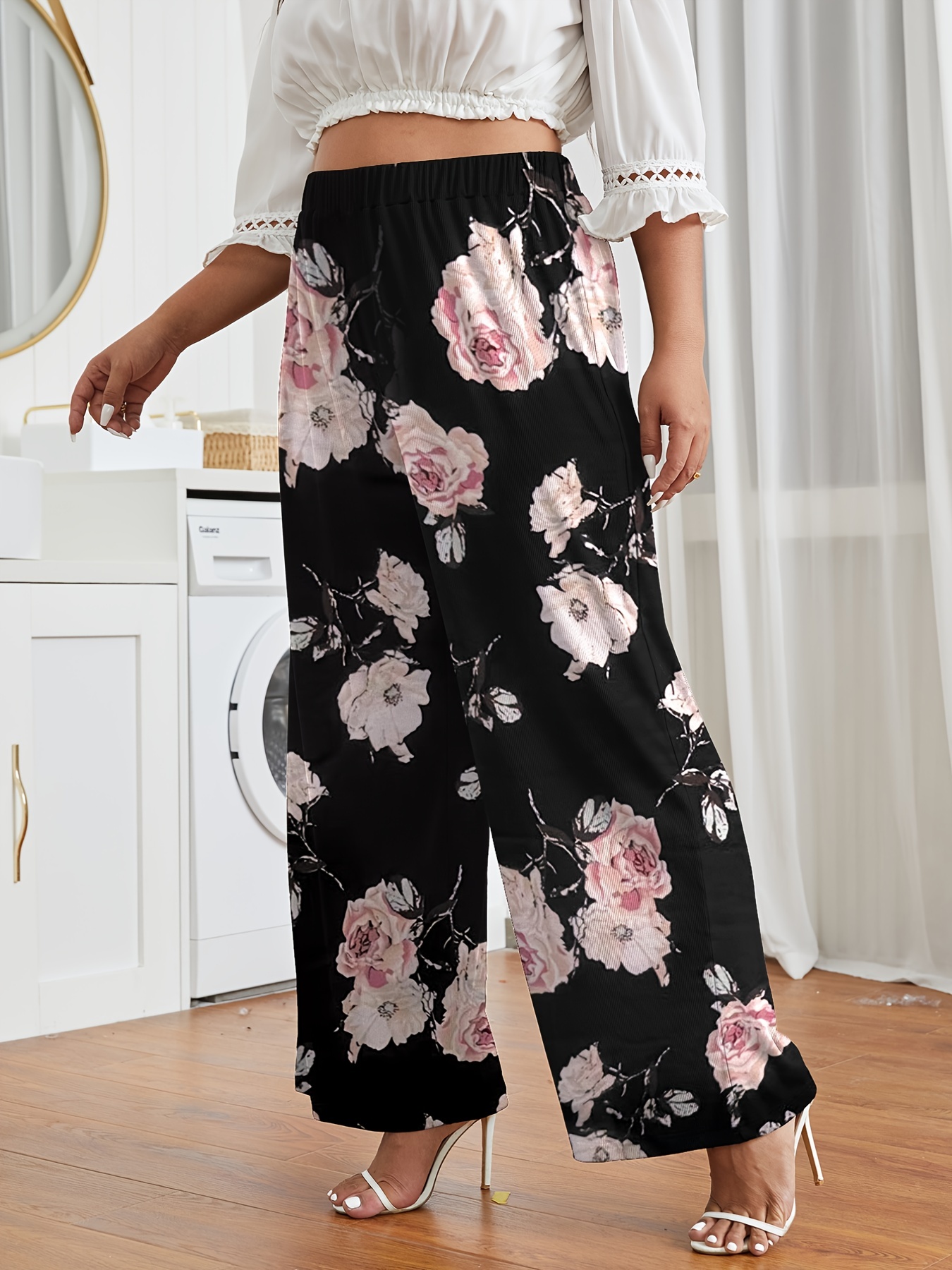 Women Floral Print Pants Loose Palazzo Trousers Wide Leg Chiffon High Waist