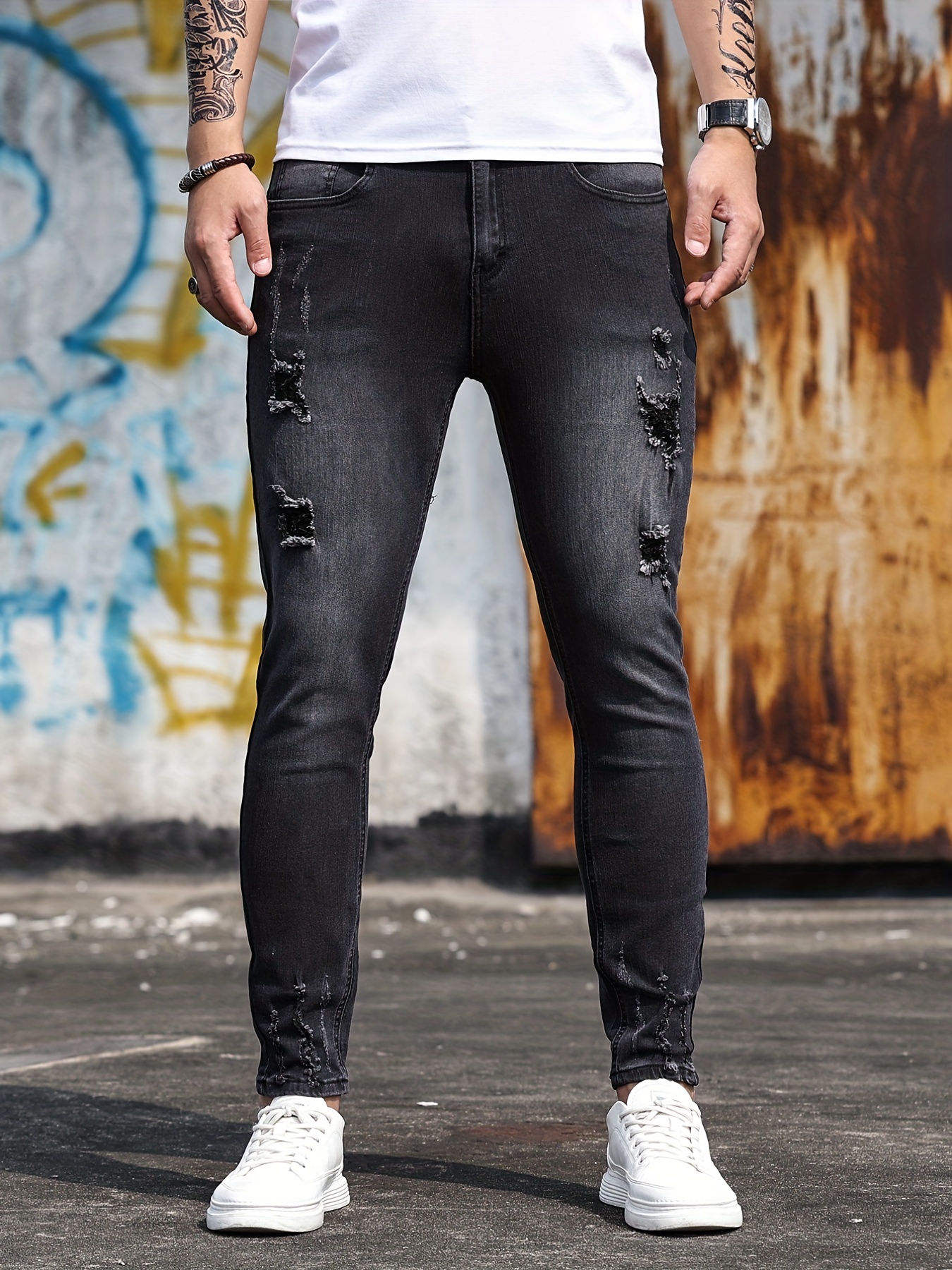Slim Fit Jeans Men's Casual Street Style Distressed - Temu Canada