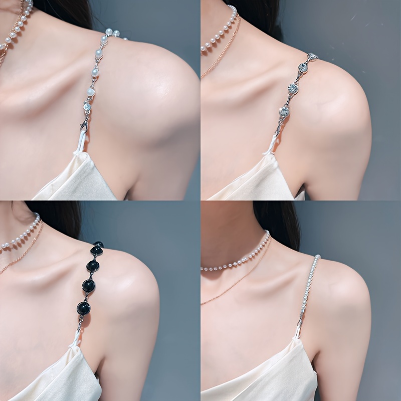 2 Pairs Rhinestone Bra Straps Off The Shoulder Top Sheer Top with Pearls  Pearl Waist Belt Invisible Bra Straps Mutilayered Bra Strap Clear Bras for