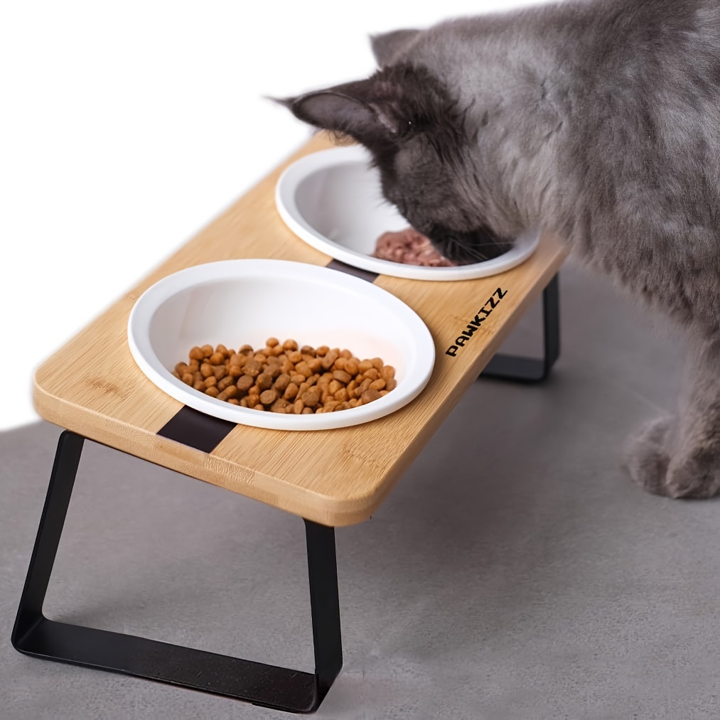 Elevated Ceramic Cat Double Bowls With Stand, Raised Tilted Bamboo Cat  Feeder Stand With Anti Vomiting Bowls For Food And Water - Temu