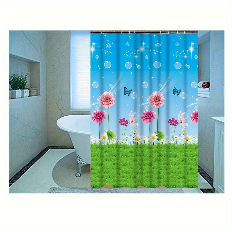 

1pc Floral Lawn Butterfly Printed, Waterproof Peva With 12 Hooks, Decorative Bathtub Partition Curtain, Bathroom Accessories