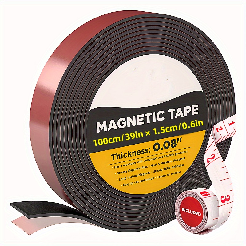 Magnetic Tape, Flexible Self Adhesive Magnetic Strip, 0.39'' Wide x 32 ft  Long Sticky Magnets for Whiteboard Art Projects, Magnetic Roll Stickers for