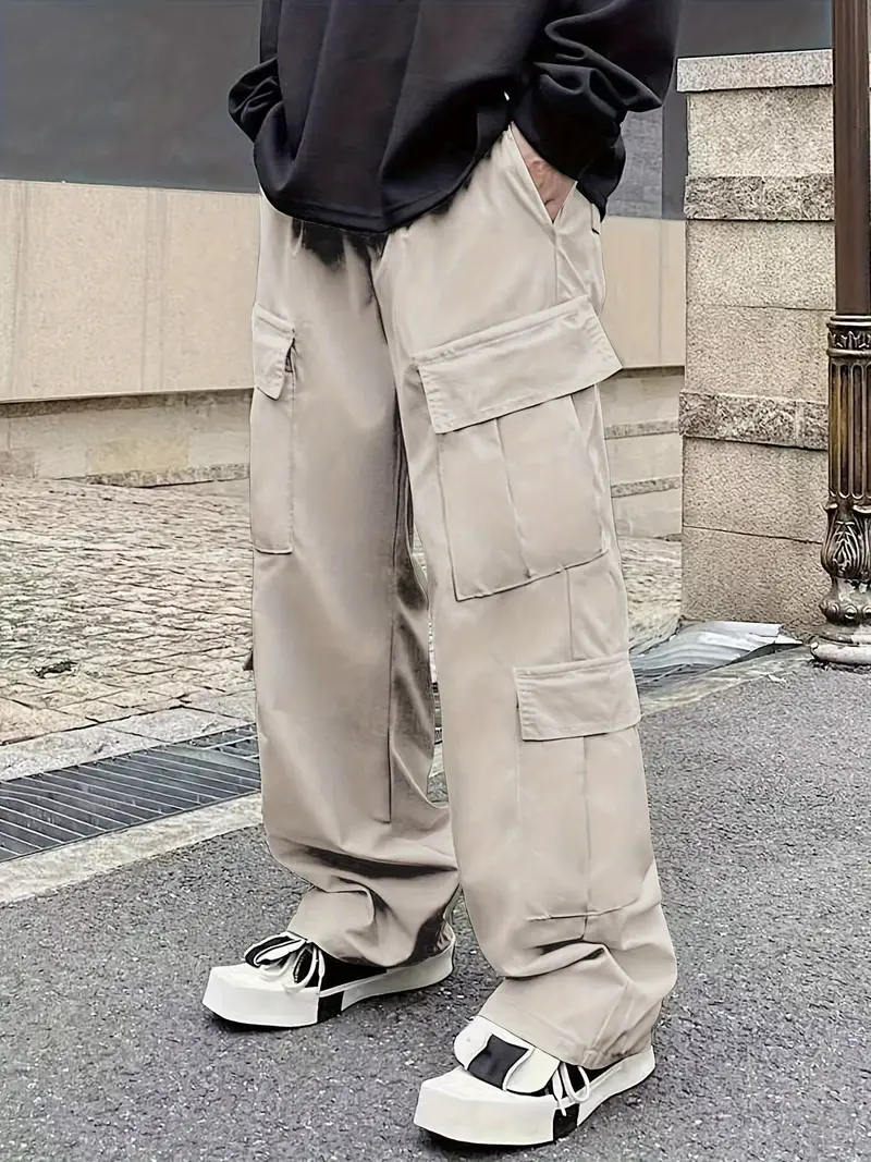 Solid Multi Flap Pockets Men's Straight Leg Cargo Pants - Temu