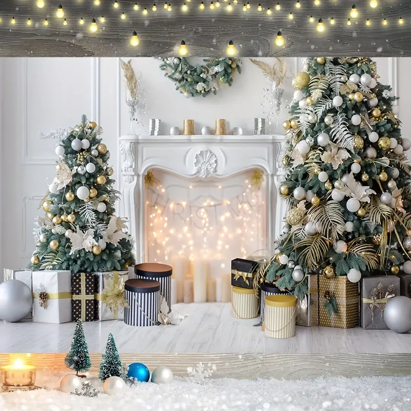 1pc christmas white fireplace gift christmas tree photography backdrop vinyl indoor living room winter christmas photography backdrop new years eve party photo studio props christmas decor christmas party decor supplies 7x5ft 8x6ft details 4